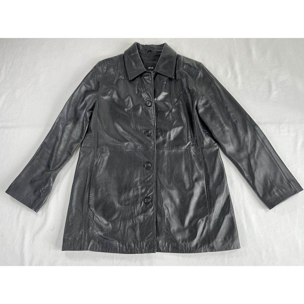 Vintage JLC New York Black Leather Button Up Jacket Mid Length Coat Womens L Y2K